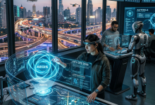 Control room with holographic city surveillance interfaces and drones flying outside