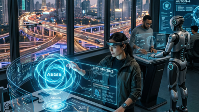 Control room with holographic city surveillance interfaces and drones flying outside