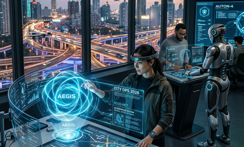 Control room with holographic city surveillance interfaces and drones flying outside